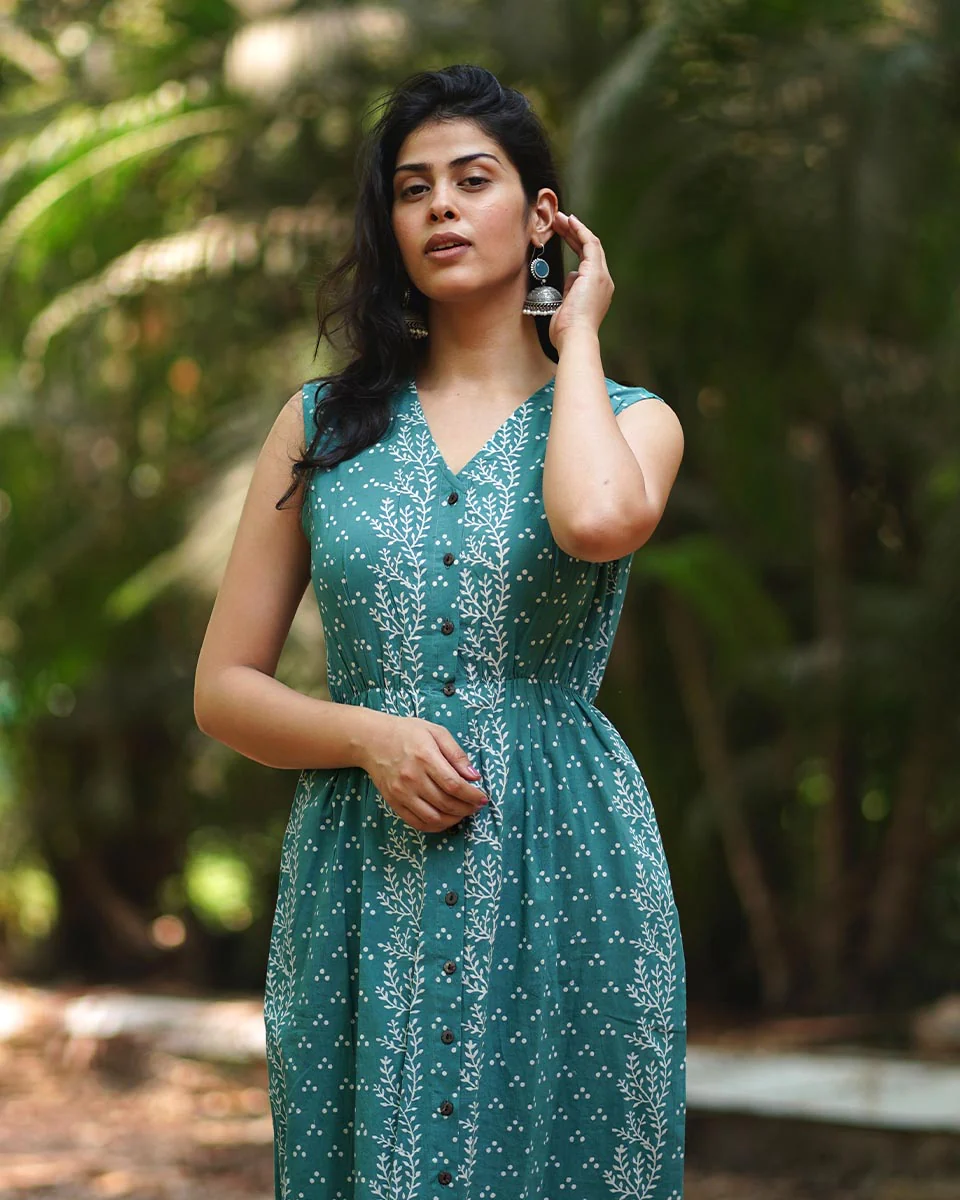 Petuniasâ€™ Perfume Teal Green Block Printed Cotton Dress - MMG - Image 4