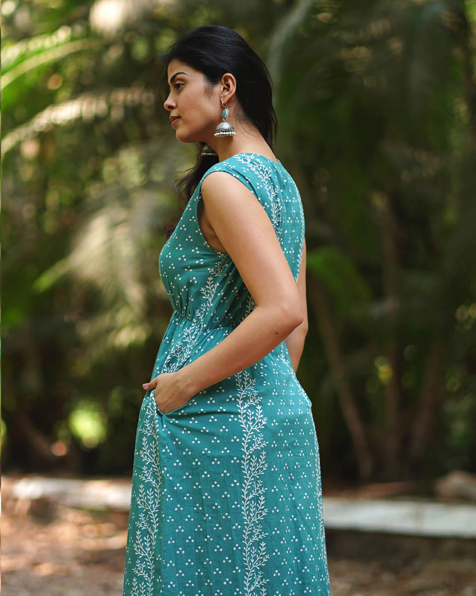 Petuniasâ€™ Perfume Teal Green Block Printed Cotton Dress - MMG - Image 5