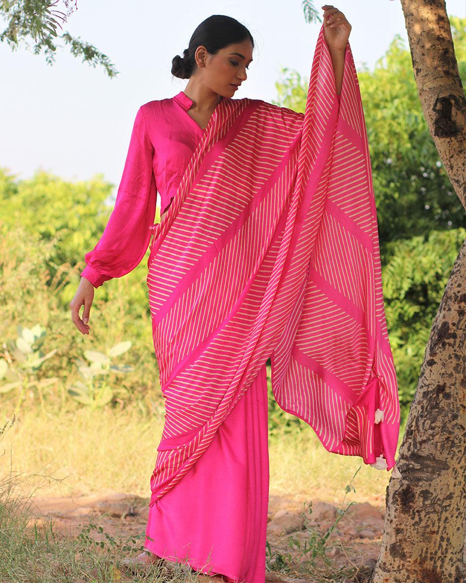 Pink Blockprinted Modal Silk Saree - Rang - Image 4