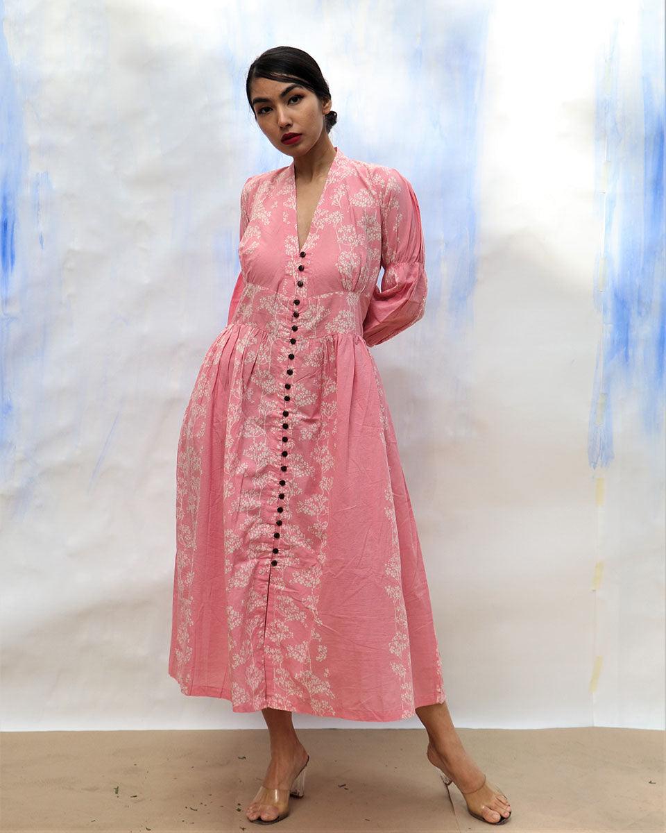 Pink Handprinted Front Open Pure Cotton Dress -Skd - Image 5