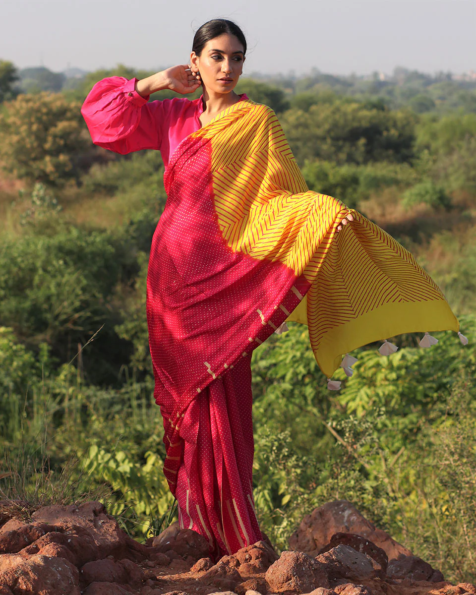 Pink-Yellow Blockprinted Modal Silk Saree - Rang - Image 5