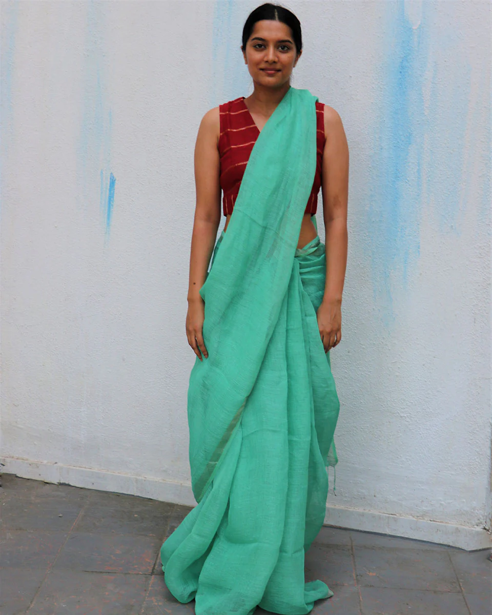 Seafoam Breeze Handwoven Linen Saree - Everyday Beautiful - Image 3