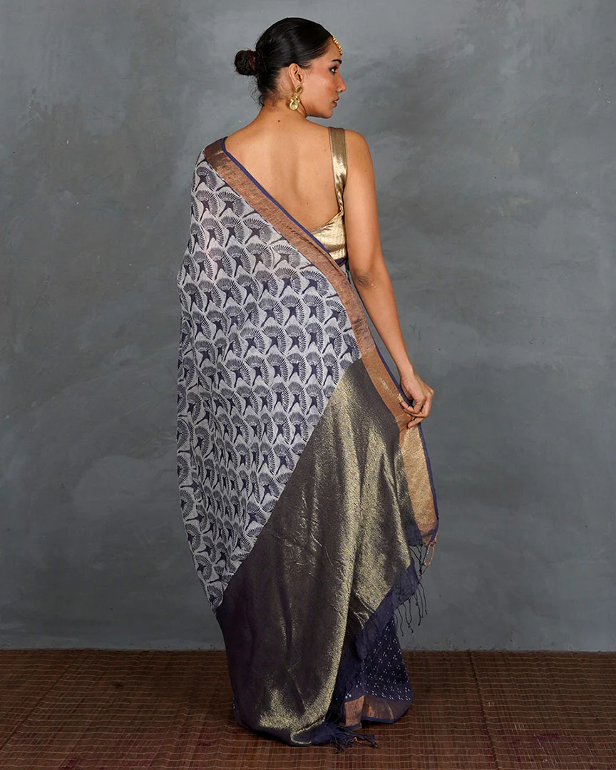 Prabha Blue With White Handblock Linen Saree - TARA - Image 3