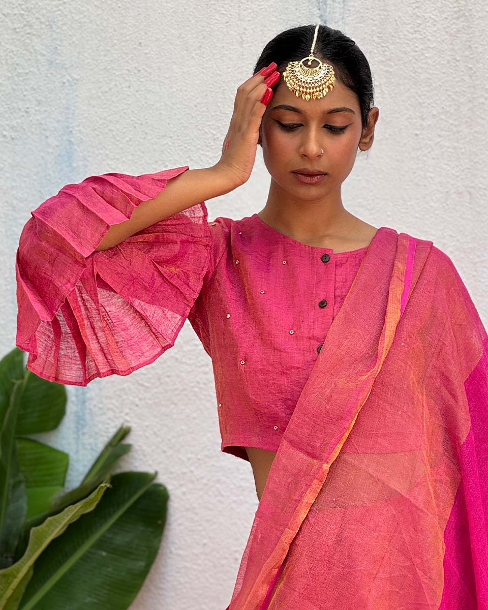 Prabhati Handwoven Linen Zari Blouse - Eknoor - Image 4