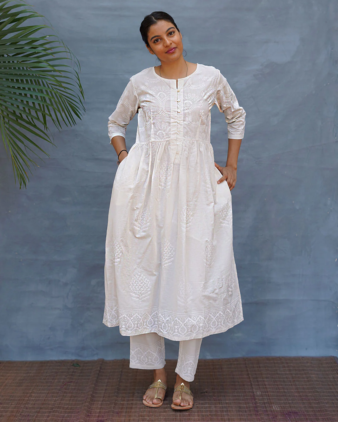 Pressed Cotton Ivory Handblock Printed Kurta Pant Set - SFD - Image 11