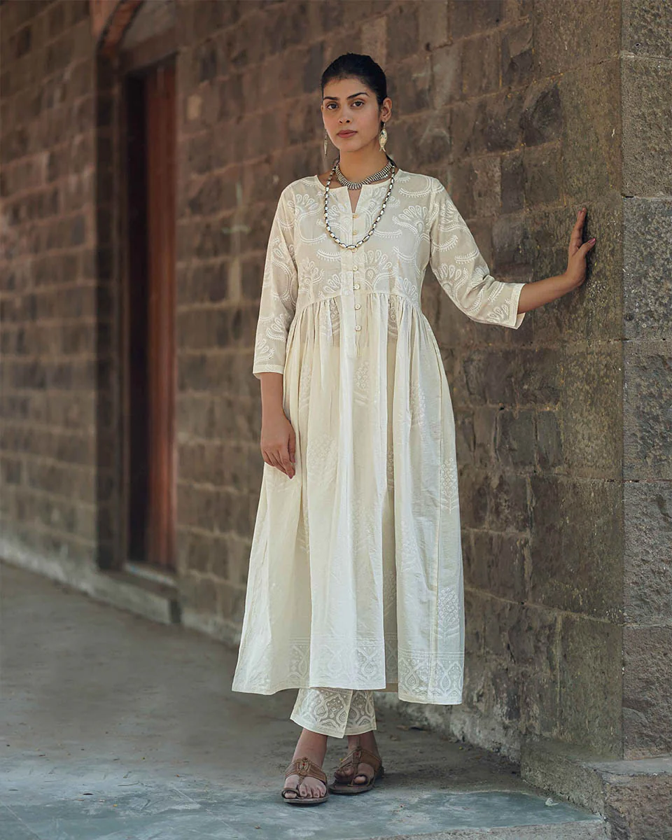 Pressed Cotton Ivory Handblock Printed Kurta Pant Set - SFD - Image 12