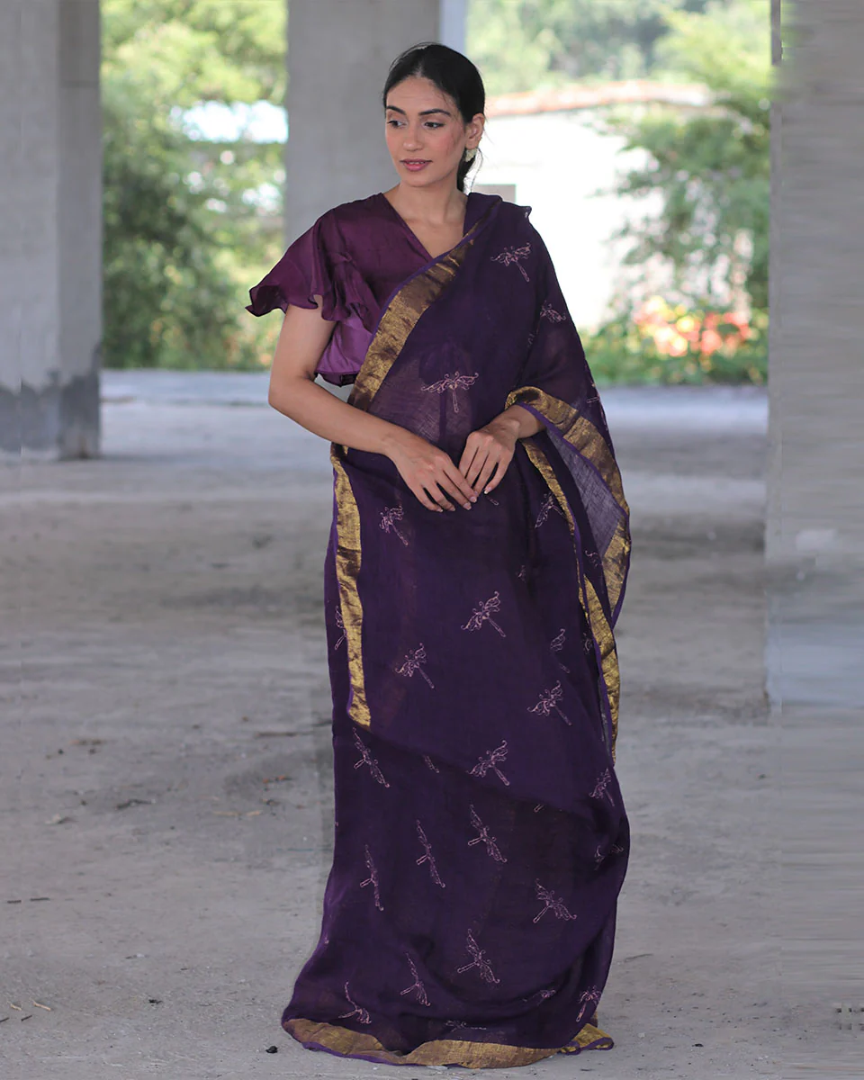 Purple Block Printed Handwoven Linen Zari Saree -Anant - Image 2
