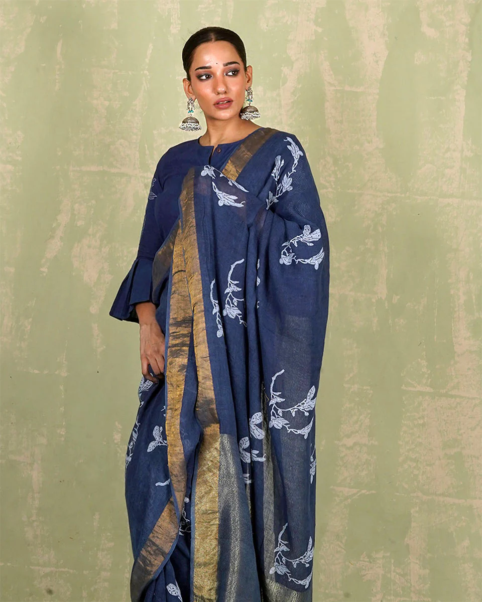 Purva Blue Handblock Print Linen Saree - INDI - Image 2