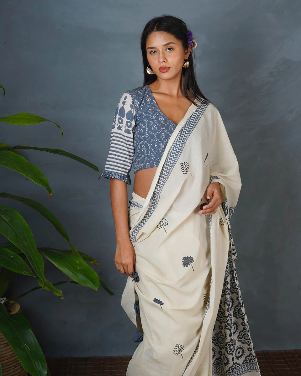 Quiet Cloud Ivory Block Printed Saree - BMS - Image 11