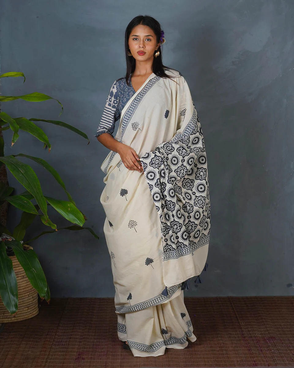 Quiet Cloud Ivory Block Printed Saree - BMS - Image 4