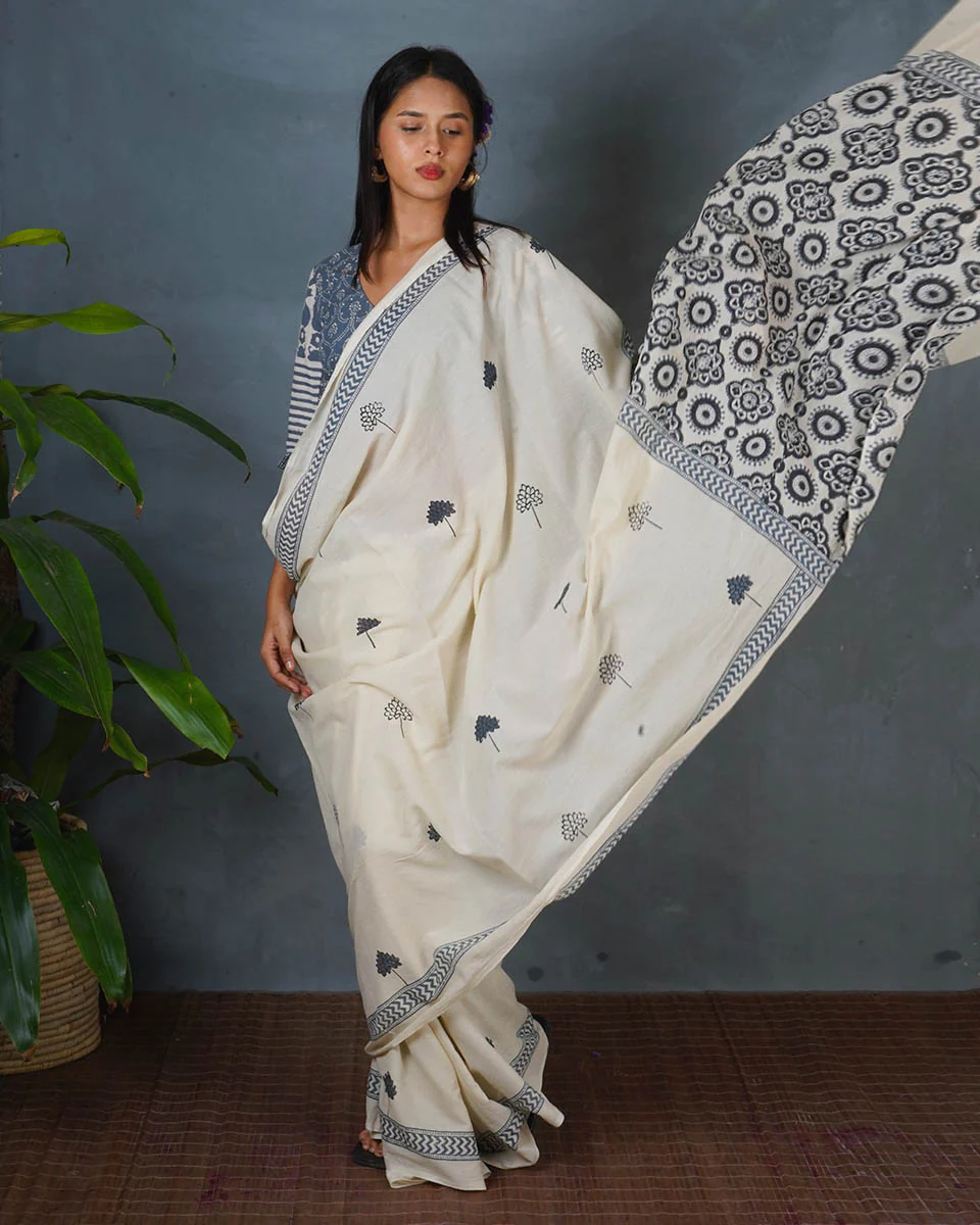 Quiet Cloud Ivory Block Printed Saree - BMS - Image 5