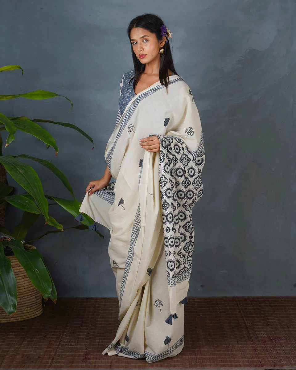 Quiet Cloud Ivory Block Printed Saree - BMS - Image 7