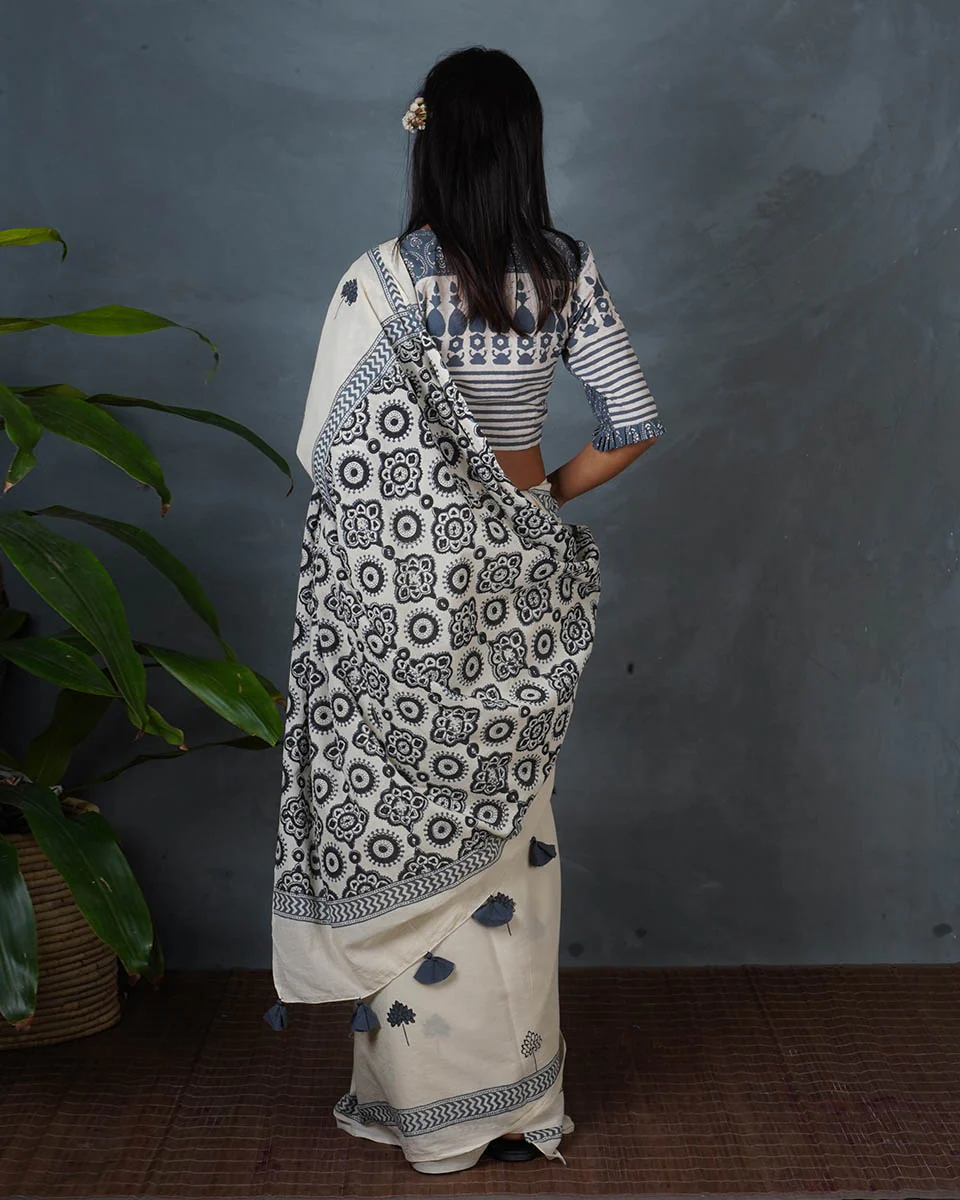 Quiet Cloud Ivory Block Printed Saree - BMS - Image 8