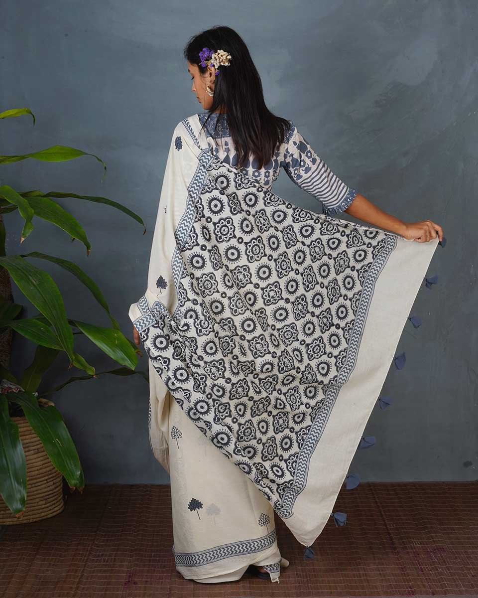 Quiet Cloud Ivory Block Printed Saree - BMS - Image 9