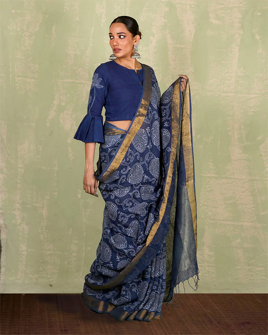 Rahi Blue Handblock Print Linen Saree - INDI - Image 11