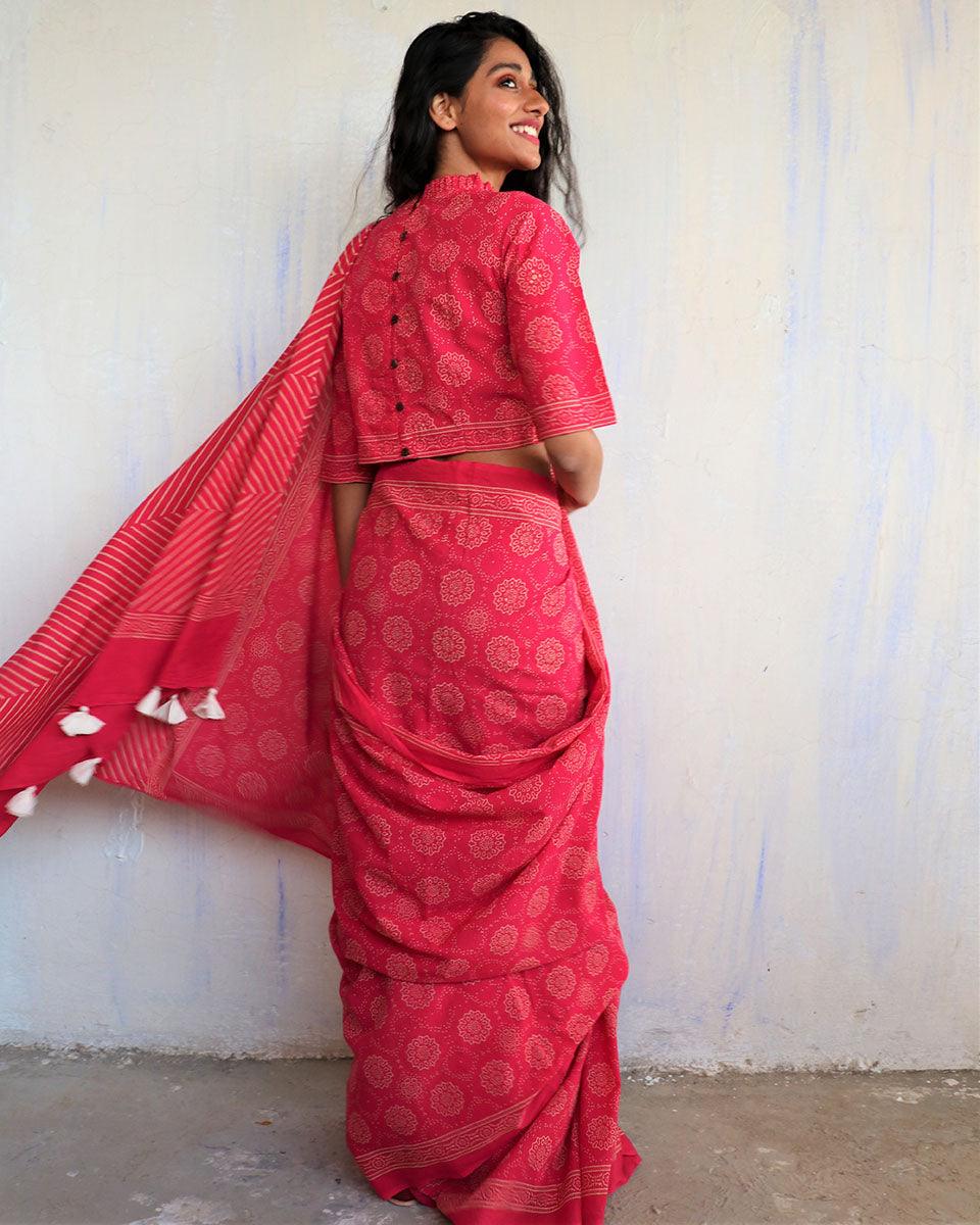 Bira Hand Blockprinted Cotton Saree - Butterfly Girls - Image 8