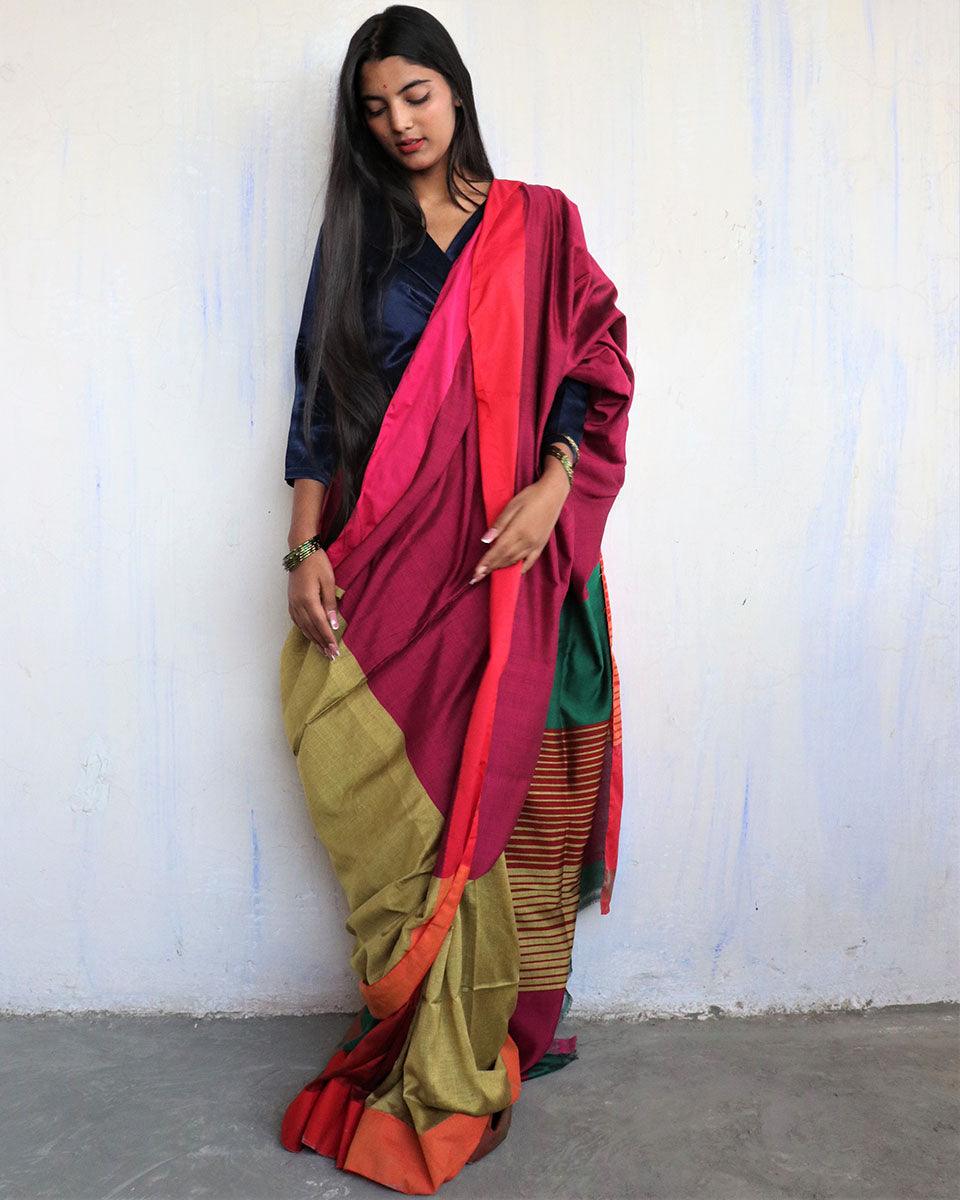 Anika Handwoven Pure Cotton Viscose Saree - Holi - Image 6