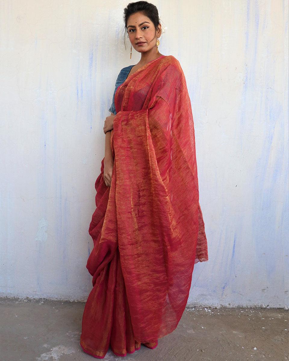 Inaayat Pink Handwoven Linen Saree-Melting Moon - Image 5
