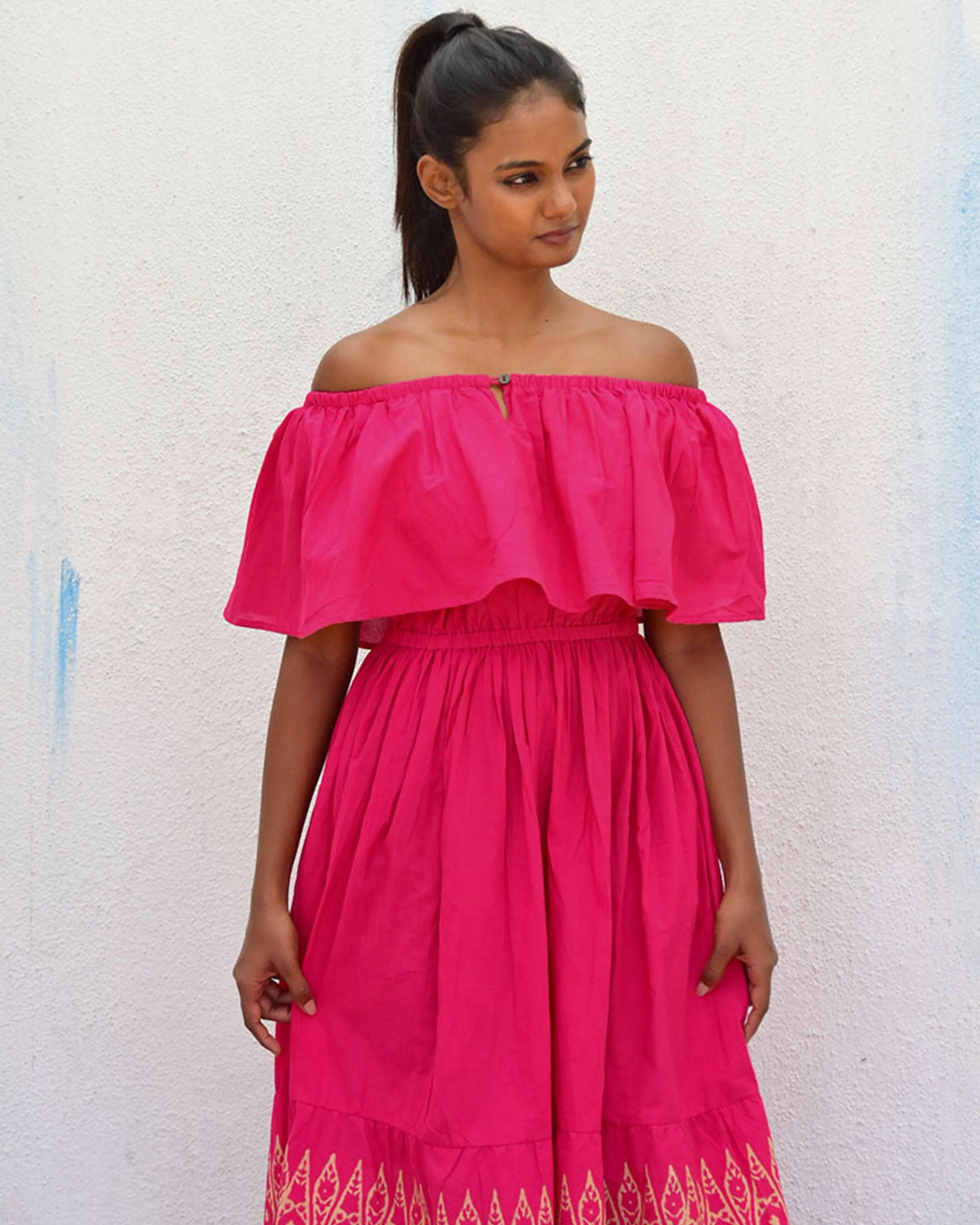 Rani Off Shoulder Handblockprinted Cotton Dress-Sor - Image 4