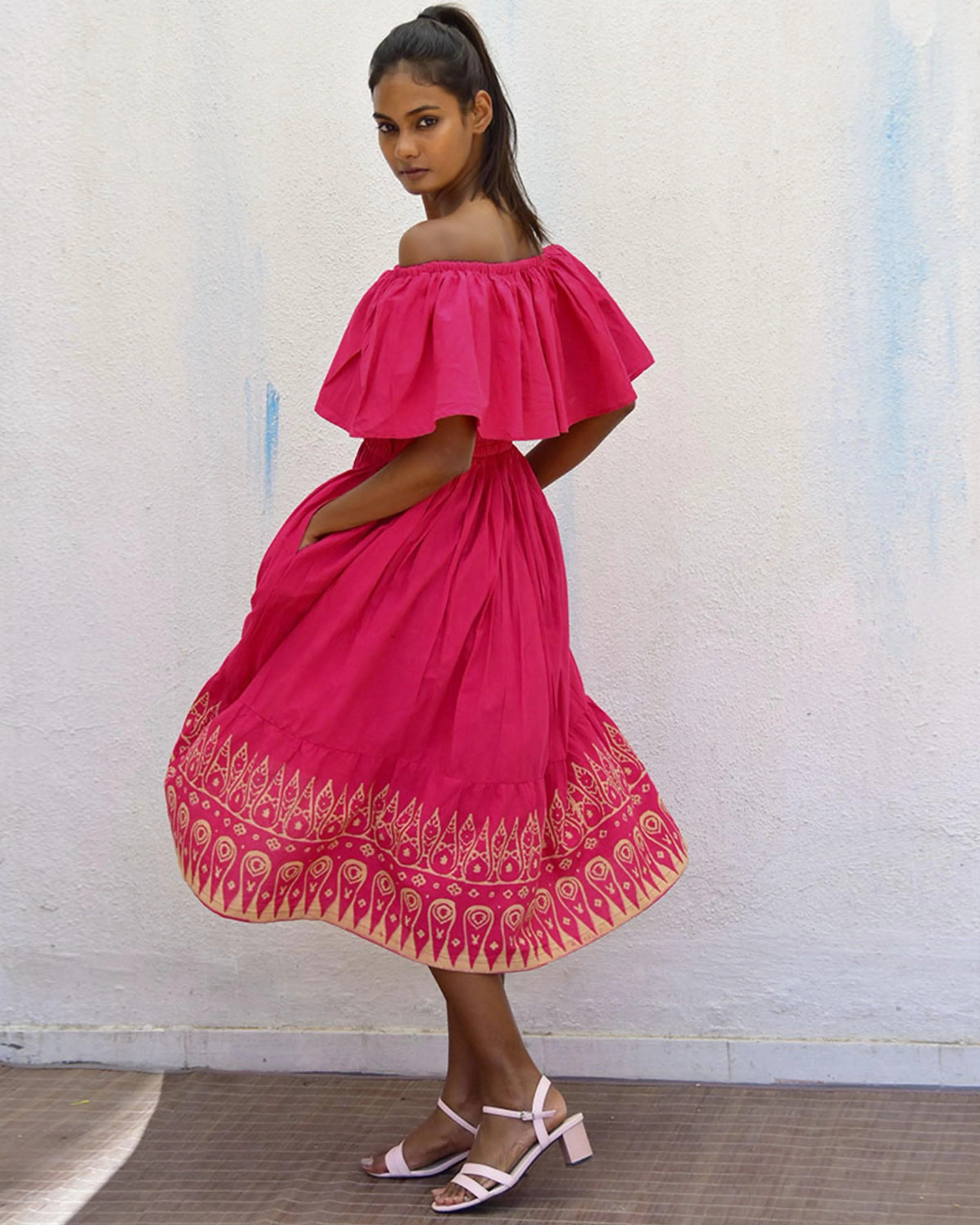 Rani Off Shoulder Handblockprinted Cotton Dress-Sor - Image 9