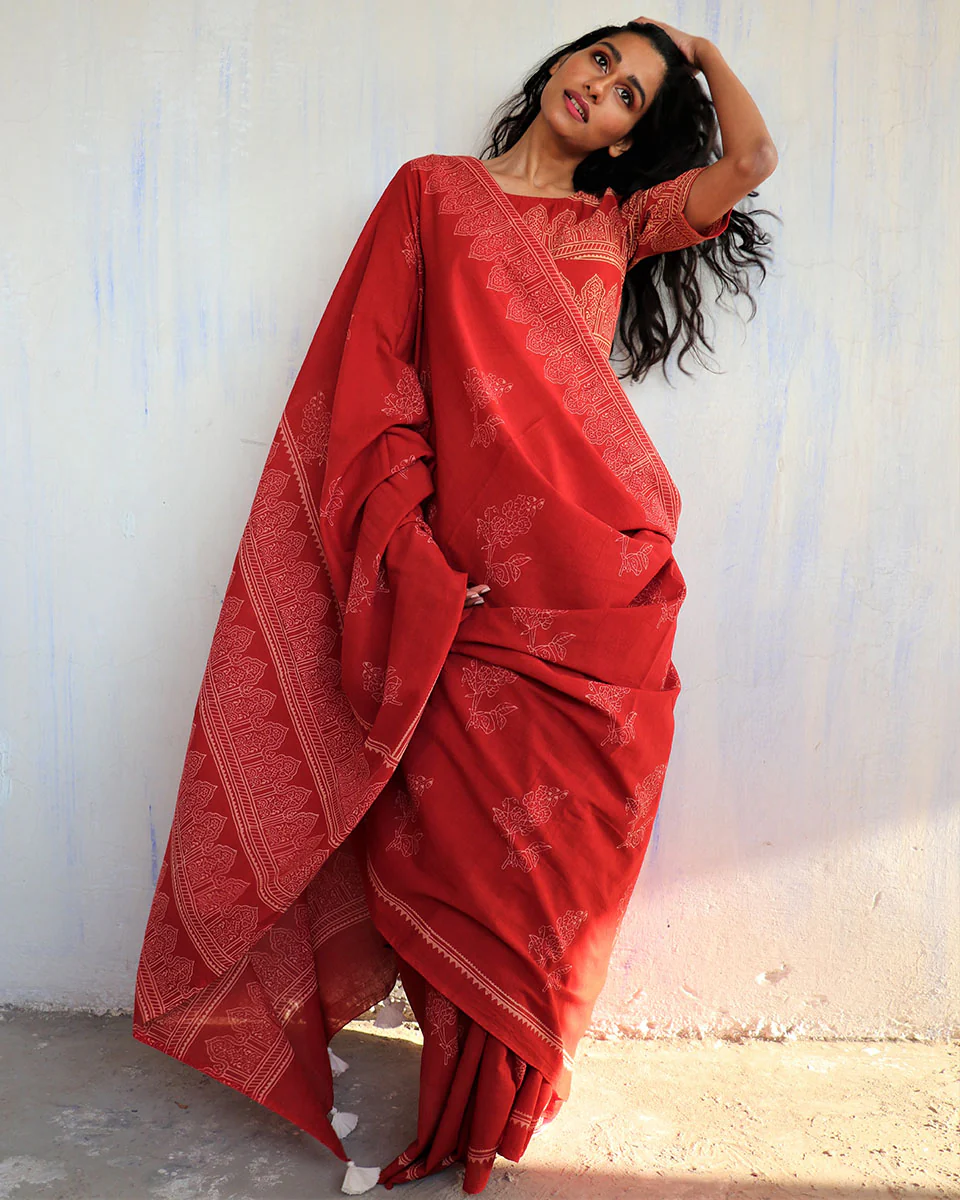 Cynthia Hand Blockprinted Cotton Saree- Butterfly Girls - Image 2