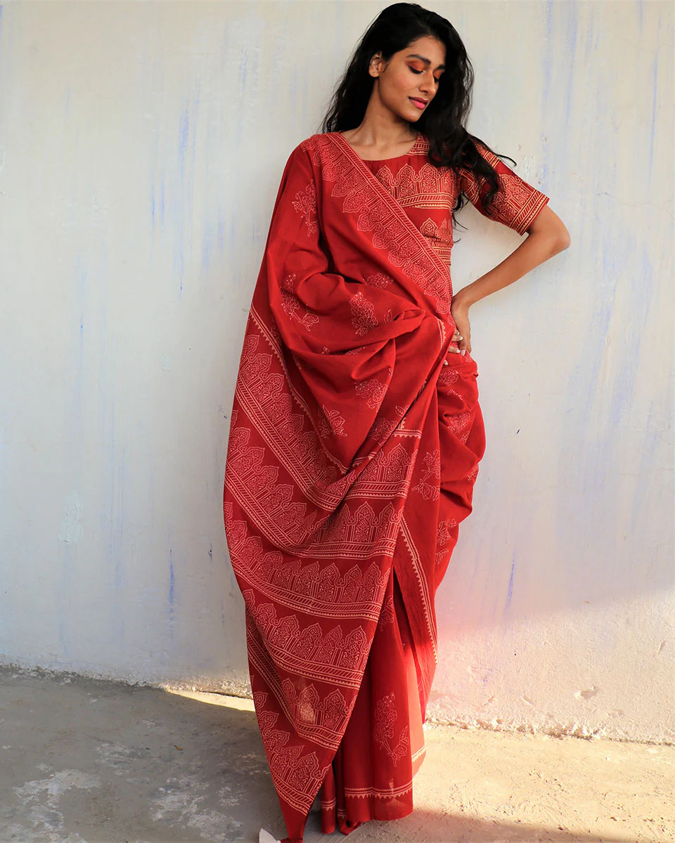 Cynthia Hand Blockprinted Cotton Saree- Butterfly Girls - Image 9