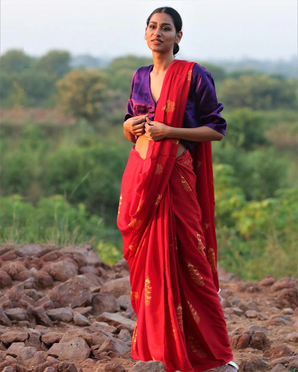 Red Block printed Modal Silk Saree - Rang - Image 4