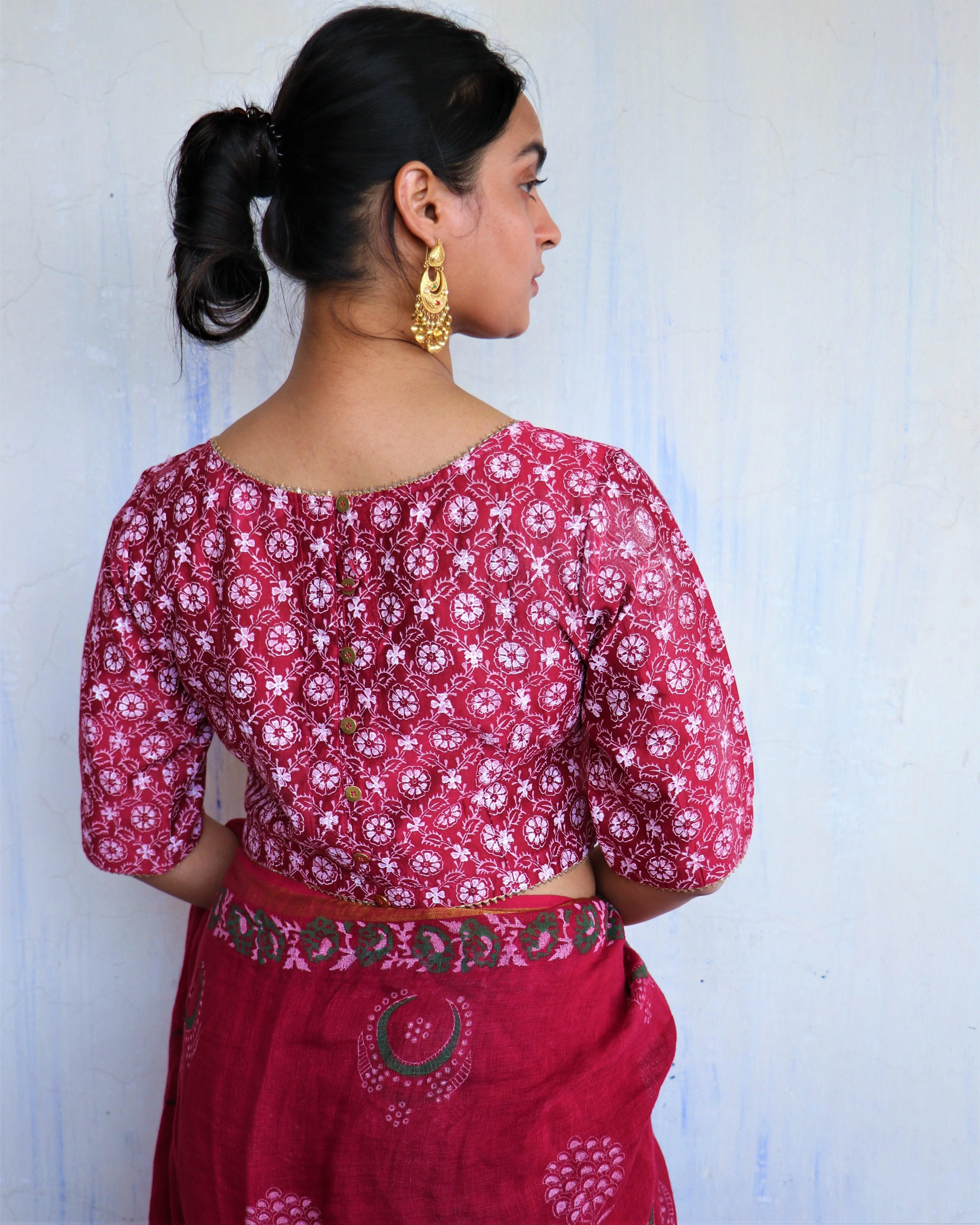 Red Floral Block Printed Chanderi Blouse-Soni - Image 4
