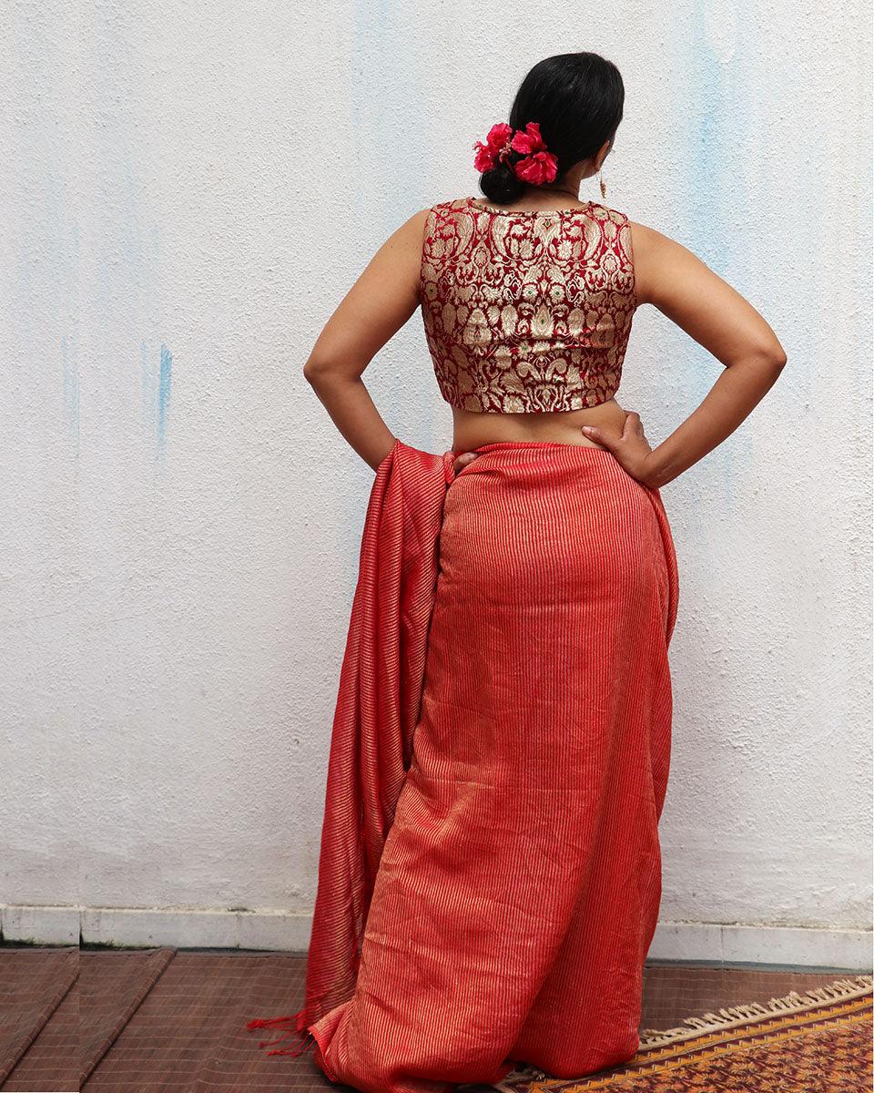 Red Handwoven Linen Zari Saree - TOG - Image 8