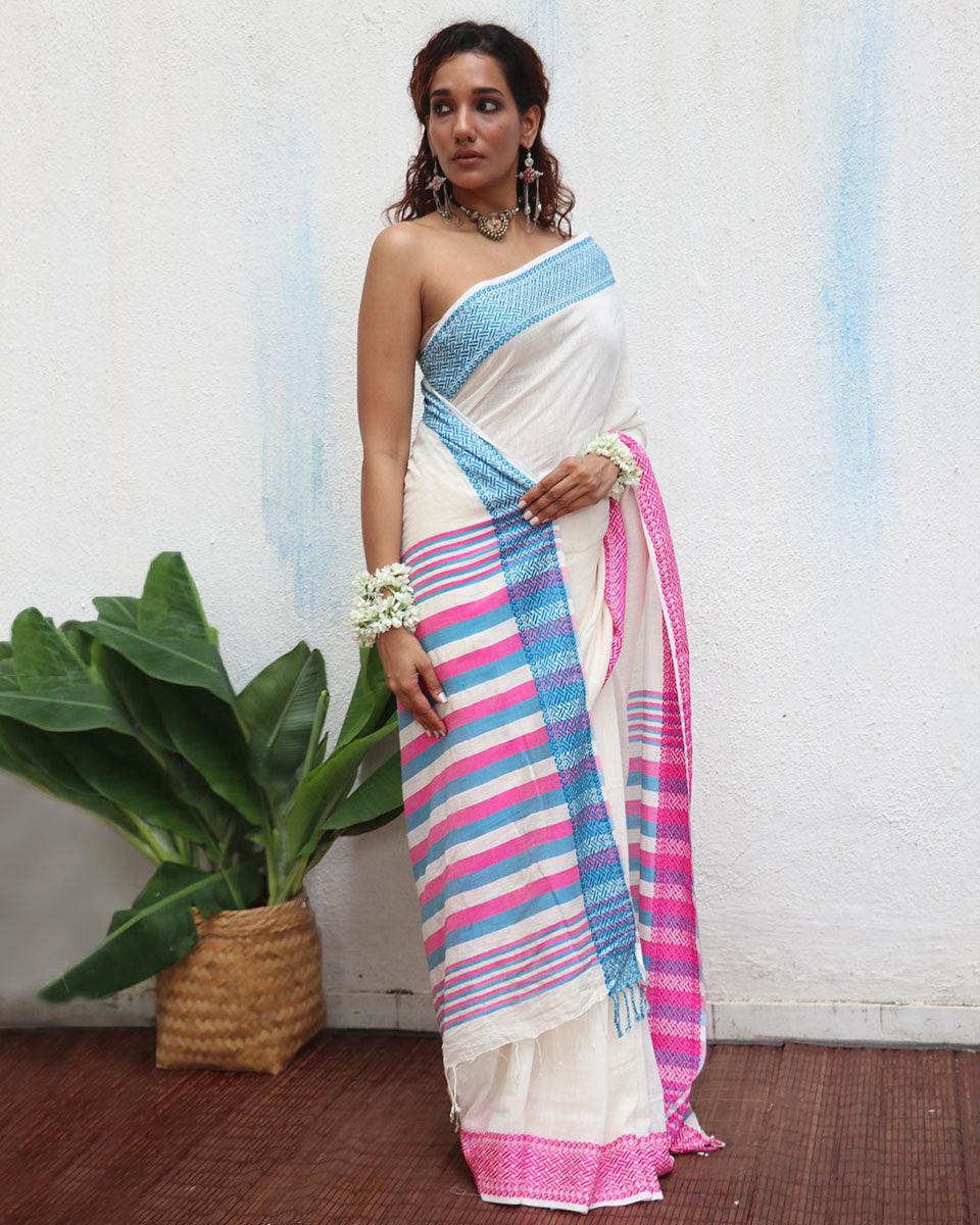 Savitri Ivory Handwoven Linen Cotton Jamdani Saree - Uma