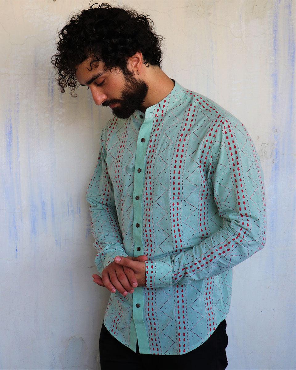 Sea Green Chevron Blockprinted Men'S Shirt - Image 7
