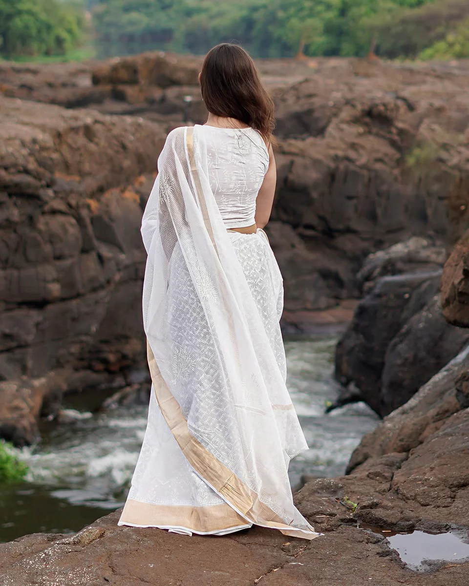 Seafoam cream Kota Doria Ivory Block Printed Saree - SFD - Image 3