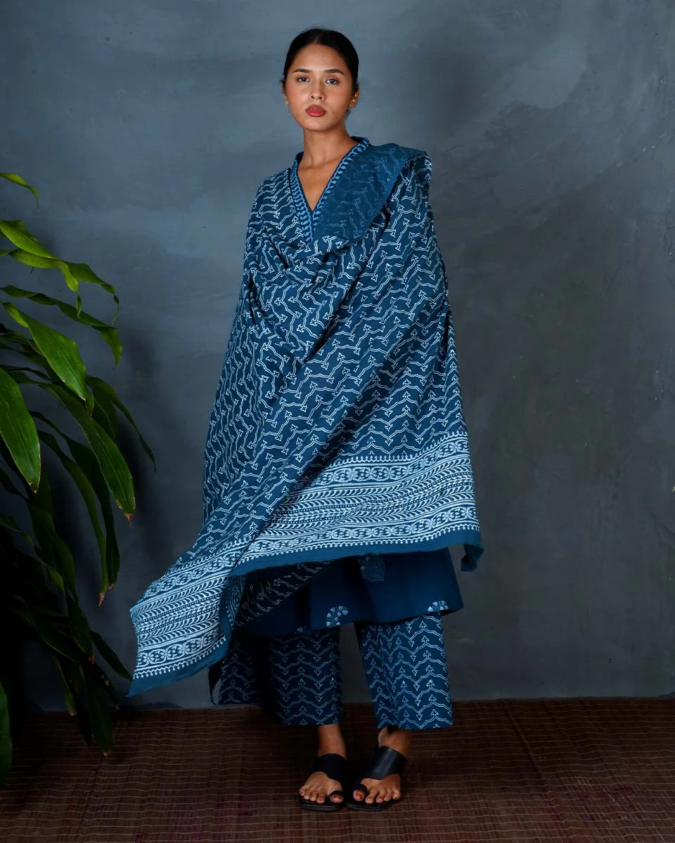 Shyama Teal Green Hand Block Printed Cotton Dupatta-MYA
