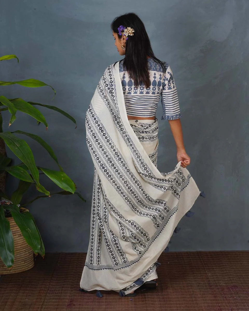 Sky Melt Ivory Block Printed Saree - BMS - Image 11