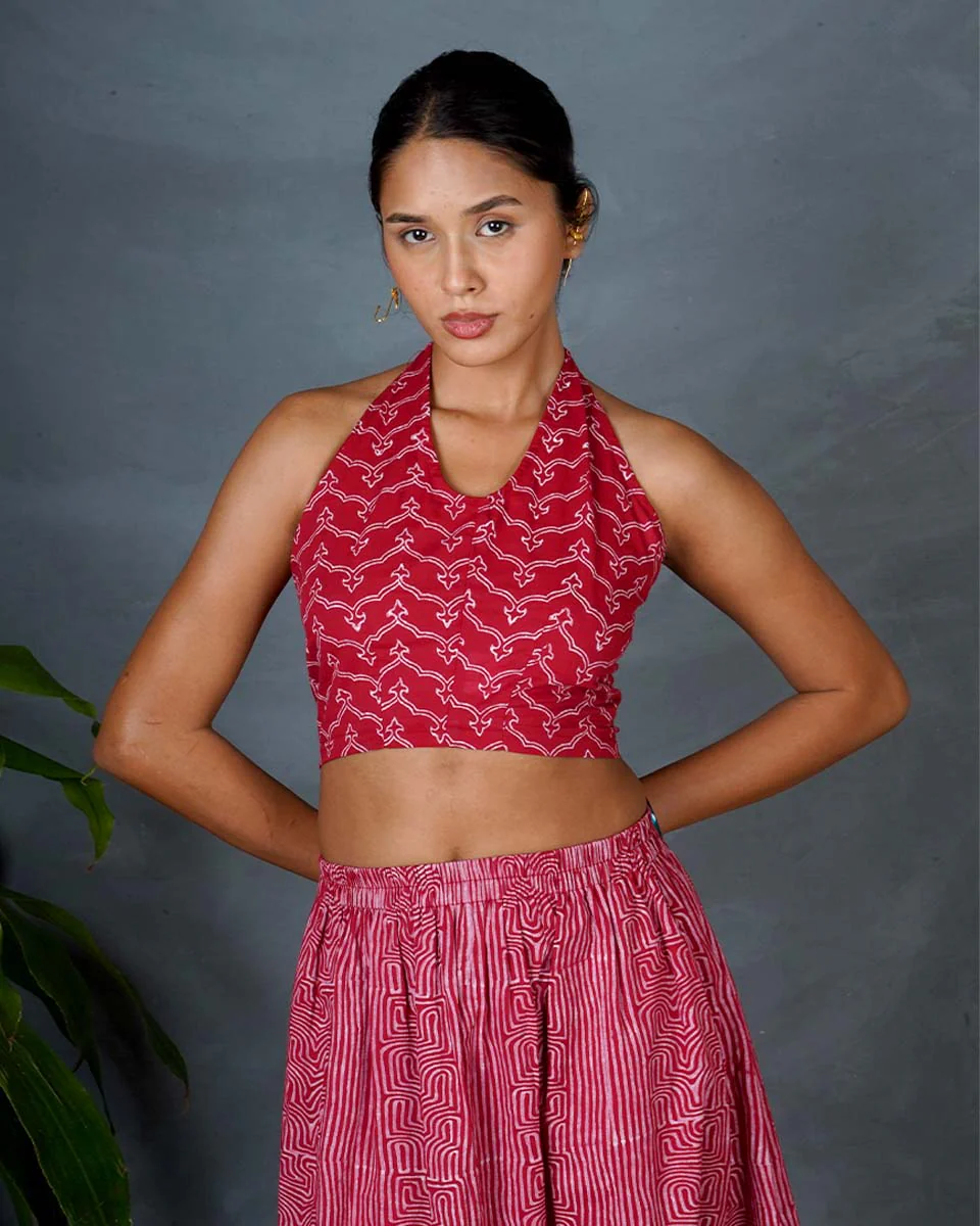 Smriti Red Hand Block Printed Cotton Top-MYA - Image 2