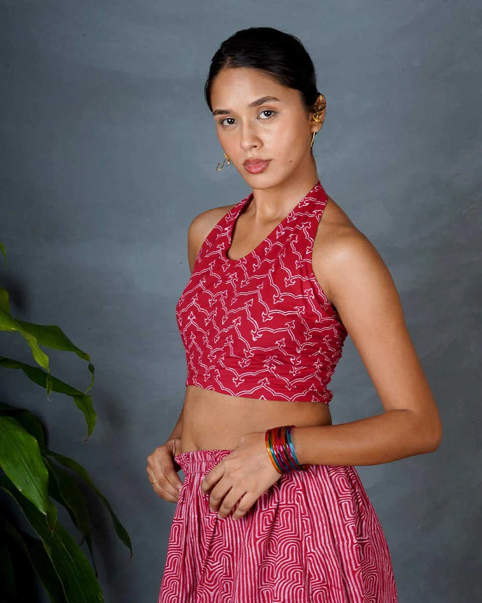 Smriti Red Hand Block Printed Cotton Top-MYA - Image 4