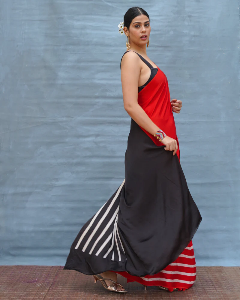 Soft Drift Red Handblock Print Modal Silk Saree - Flow - Image 10