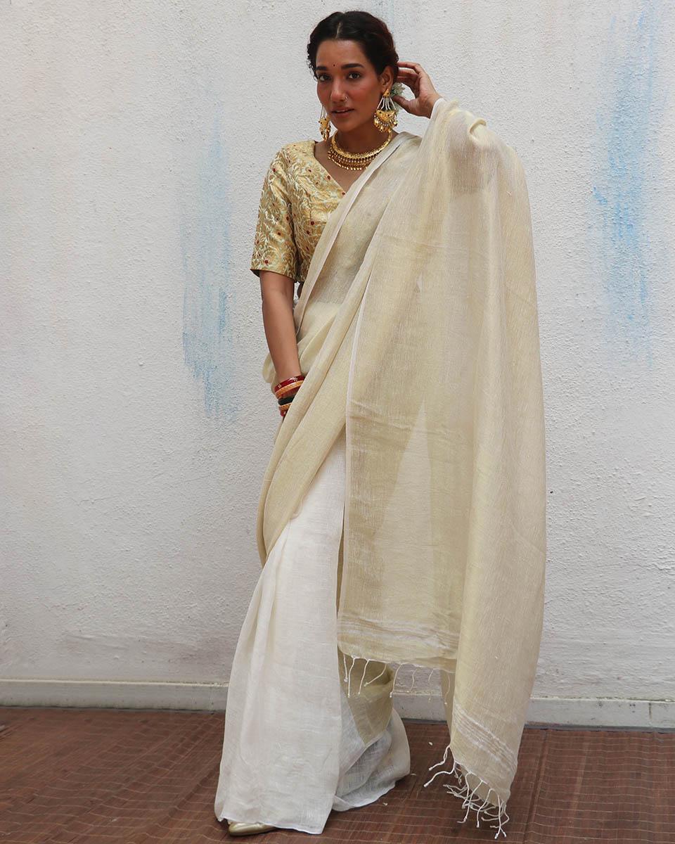 Sreeja Handwoven Linen Zari Saree - Onam - Image 11