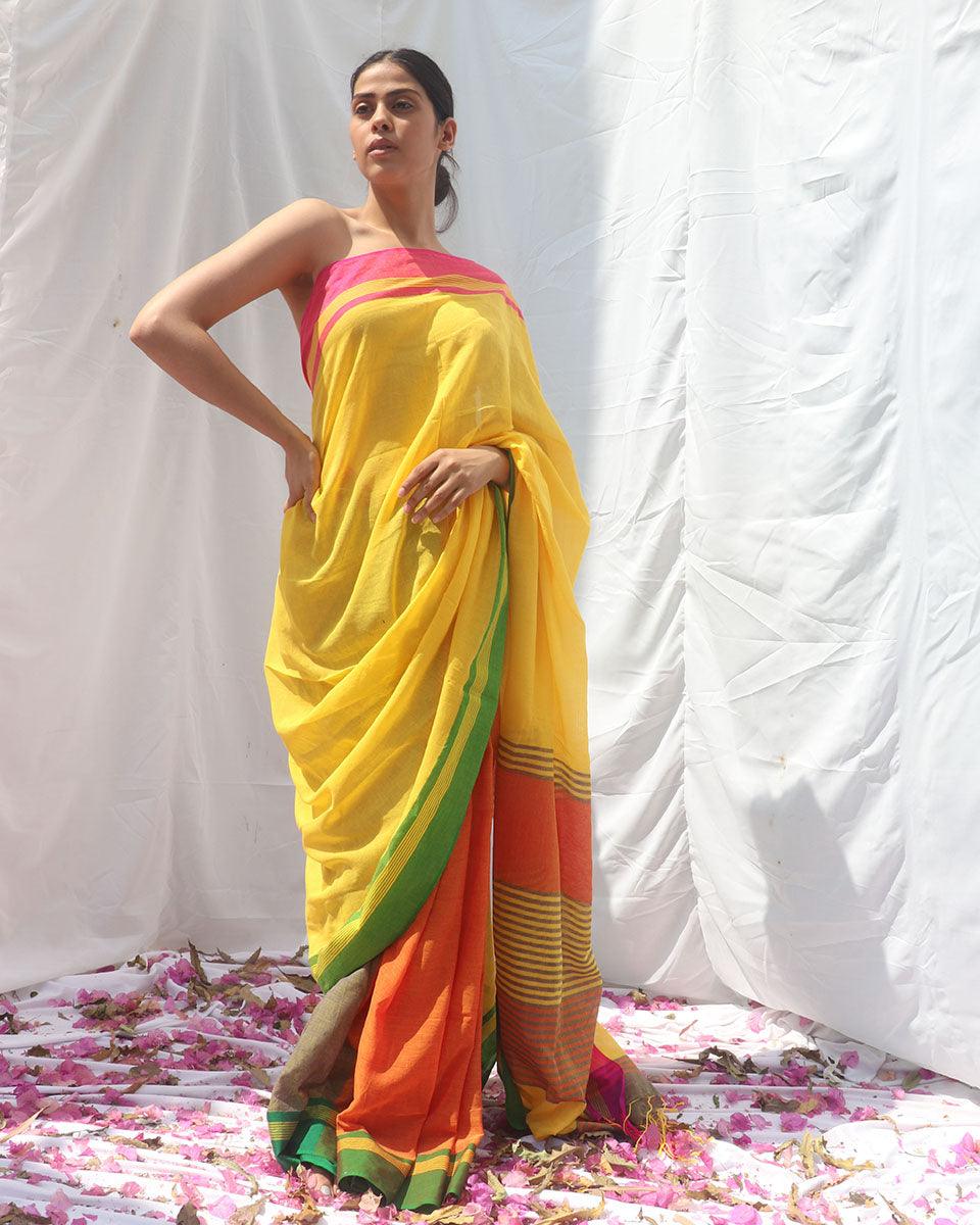 Subarnalata Yellow Orange Handwoven Cotton Saree - LIDD - Image 2
