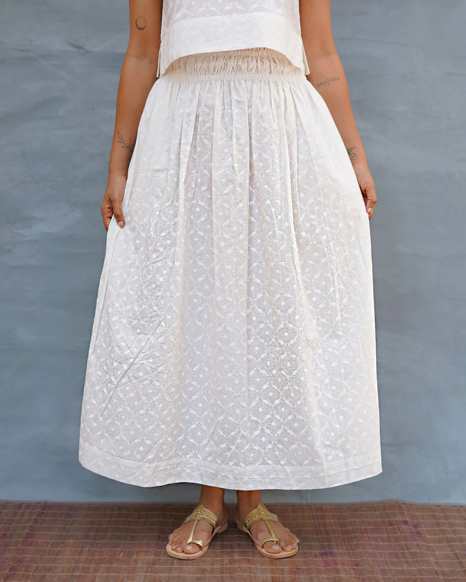 Summer Haze White Handblock Print Cotton Skirt - Safed - Image 4