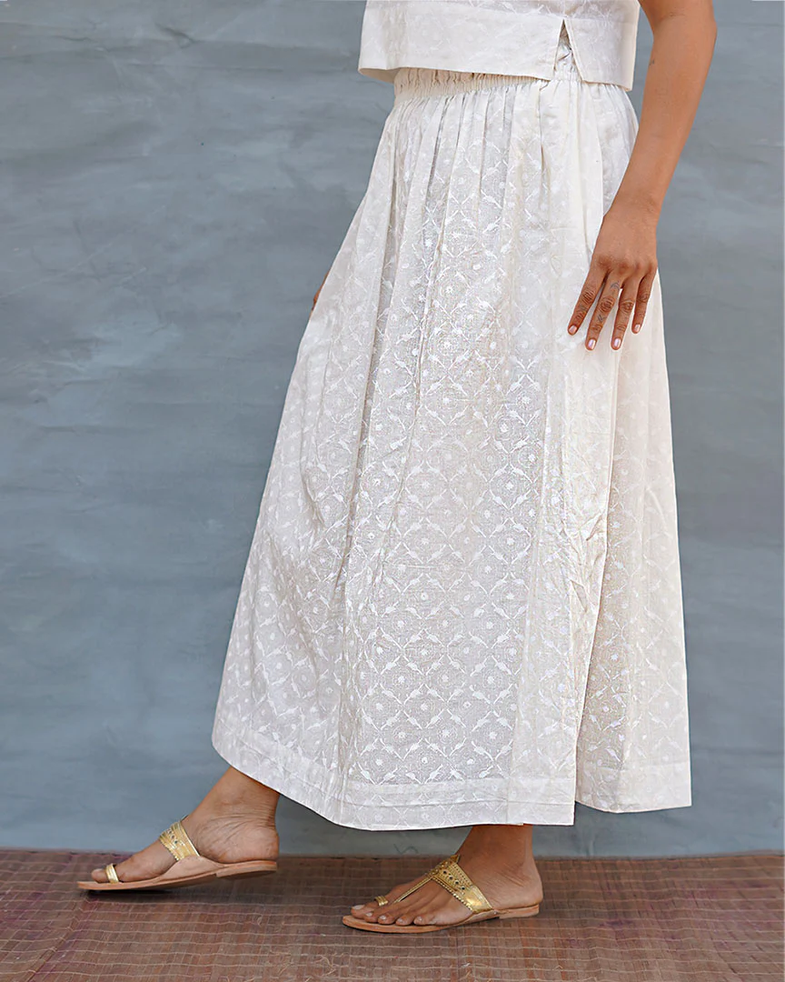 Summer Haze White Handblock Print Cotton Skirt - Safed - Image 5