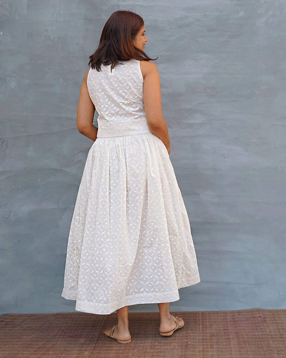 Summer Haze White Handblock Print Cotton Skirt - Safed - Image 9
