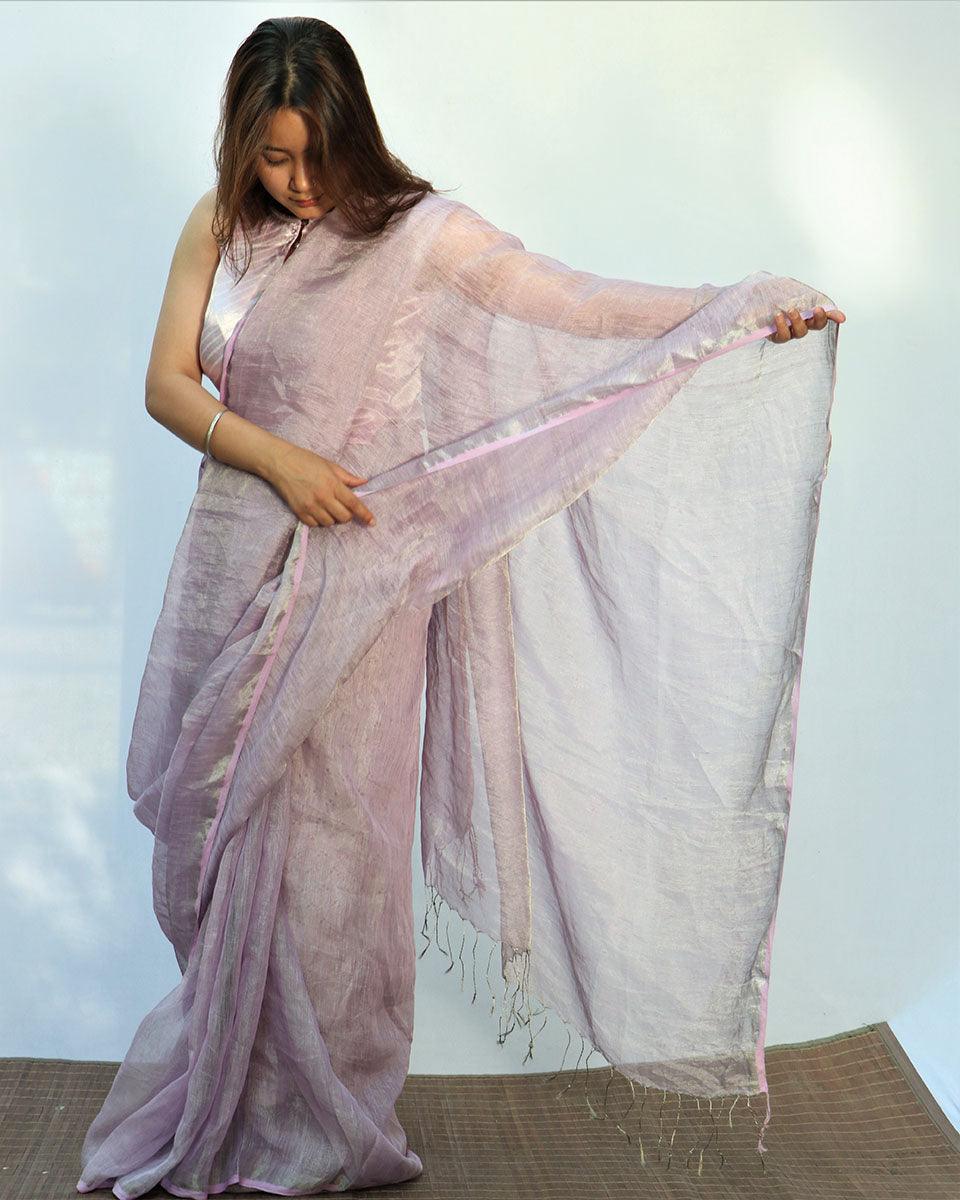 Surmayi Lavender Handwoven Linen Saree- Melting Moon - Image 6