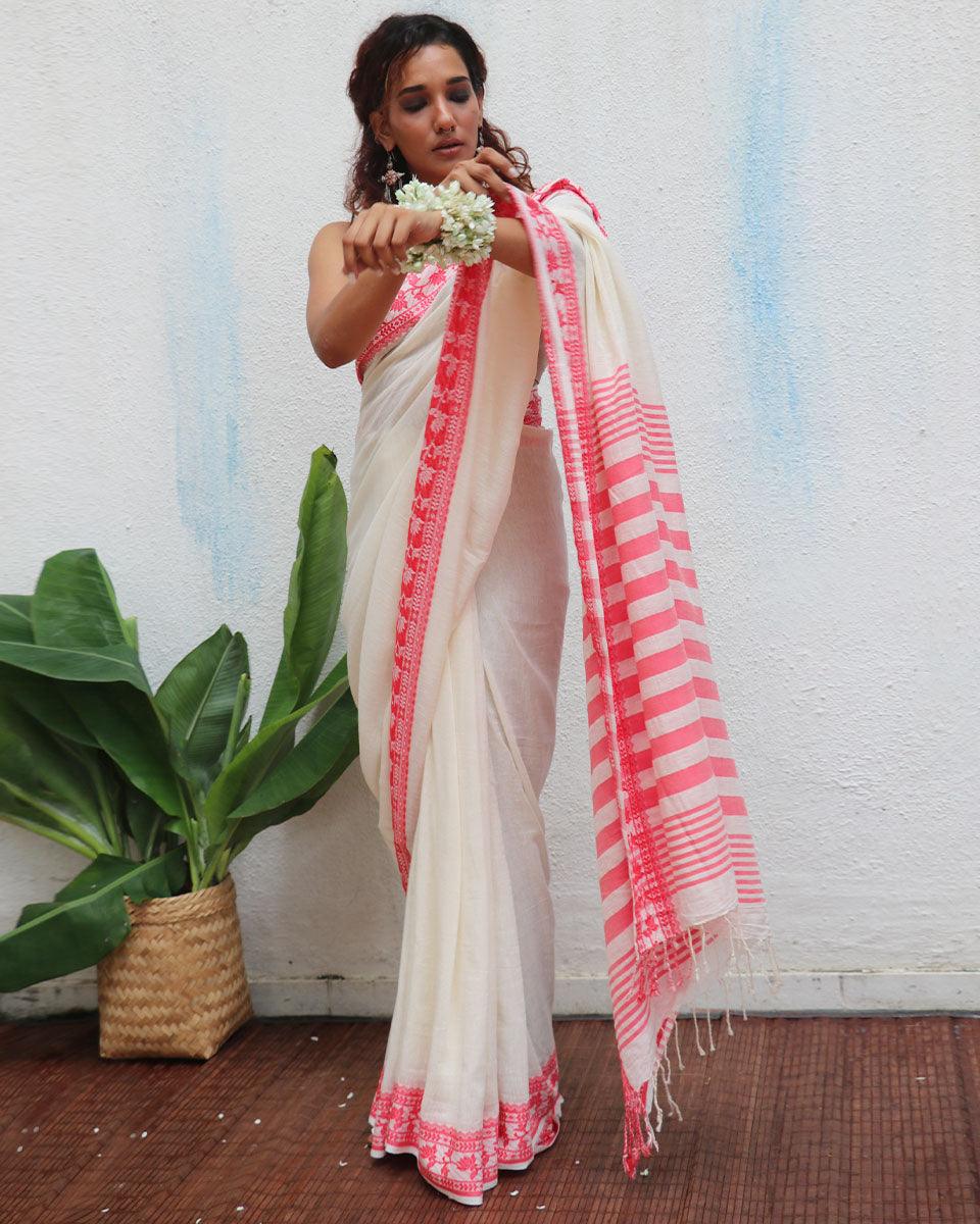 Trinetra Ivory Handwoven Linen Cotton Jamdani Saree - Uma - Image 5