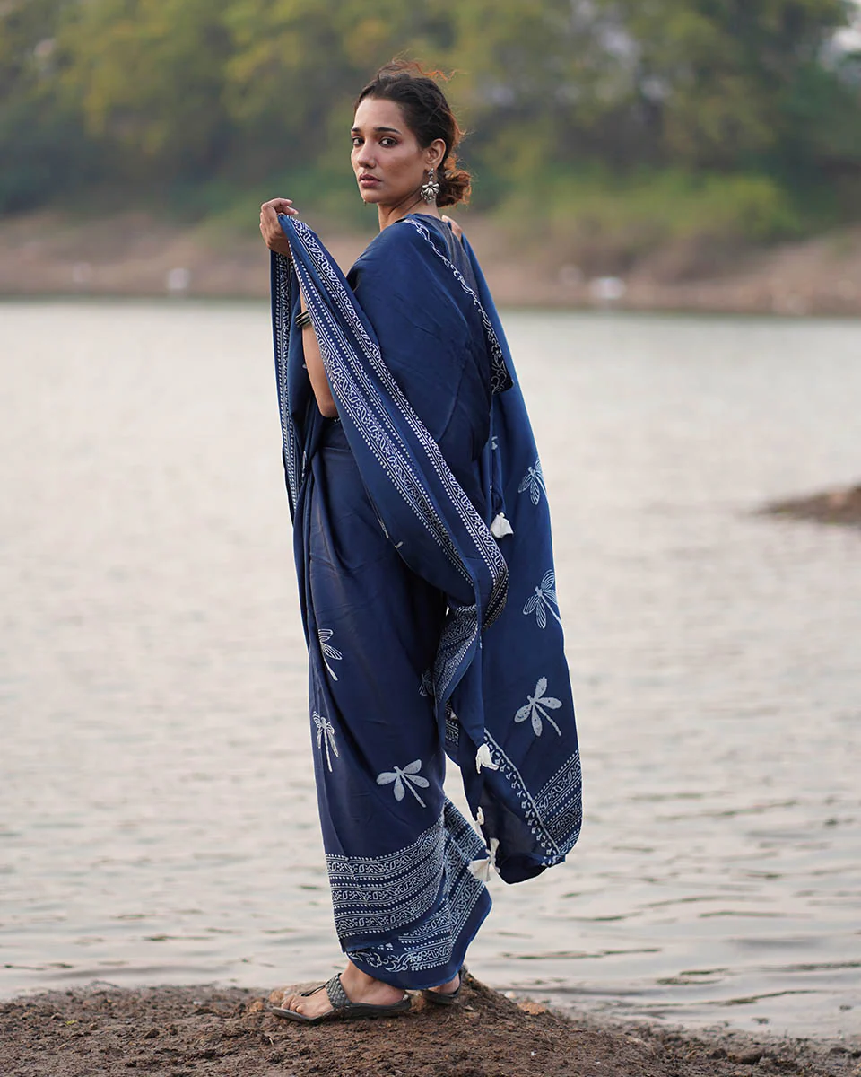 Urmi Blue Block printed Modal Silk Saree - Jaisal - Image 6