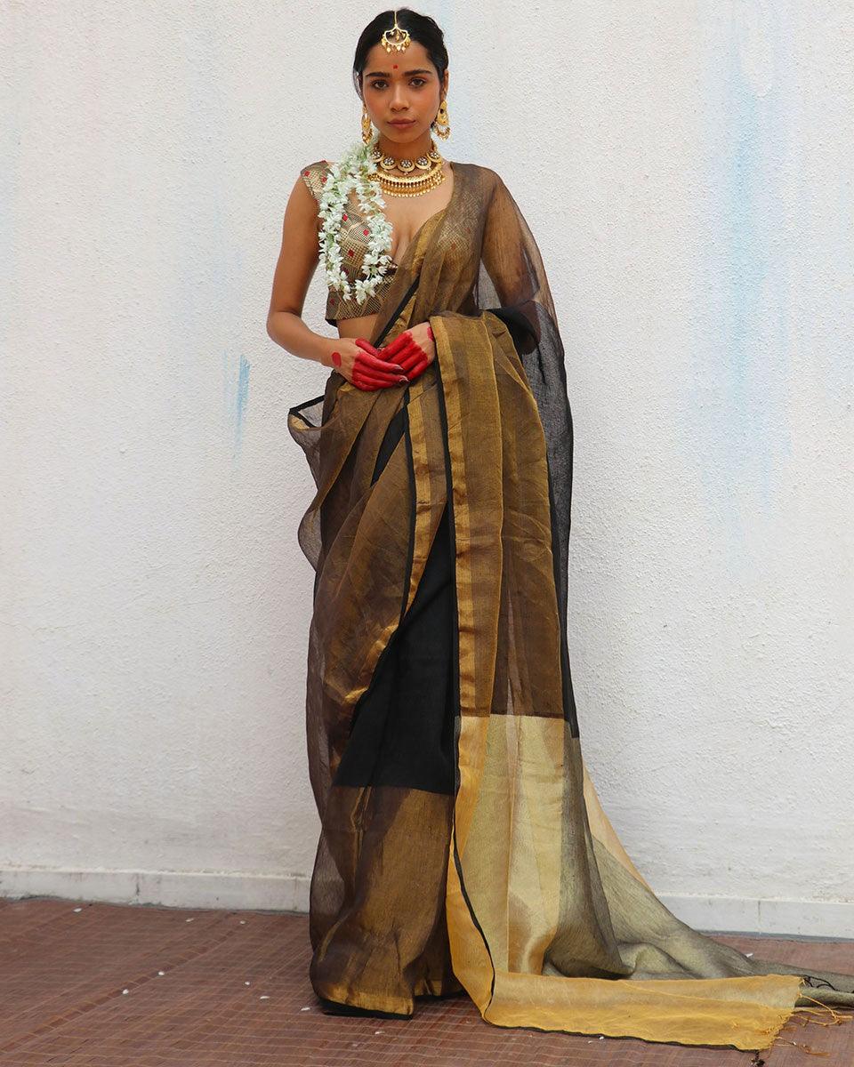 Urvashi Handwoven Linen Zari Saree - Image 4