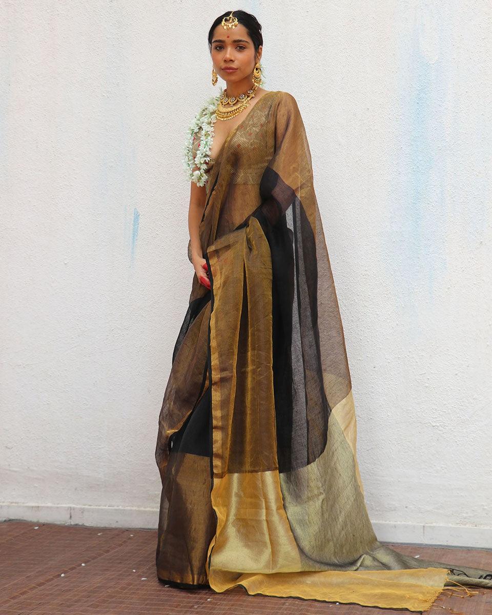 Urvashi Handwoven Linen Zari Saree - Image 5