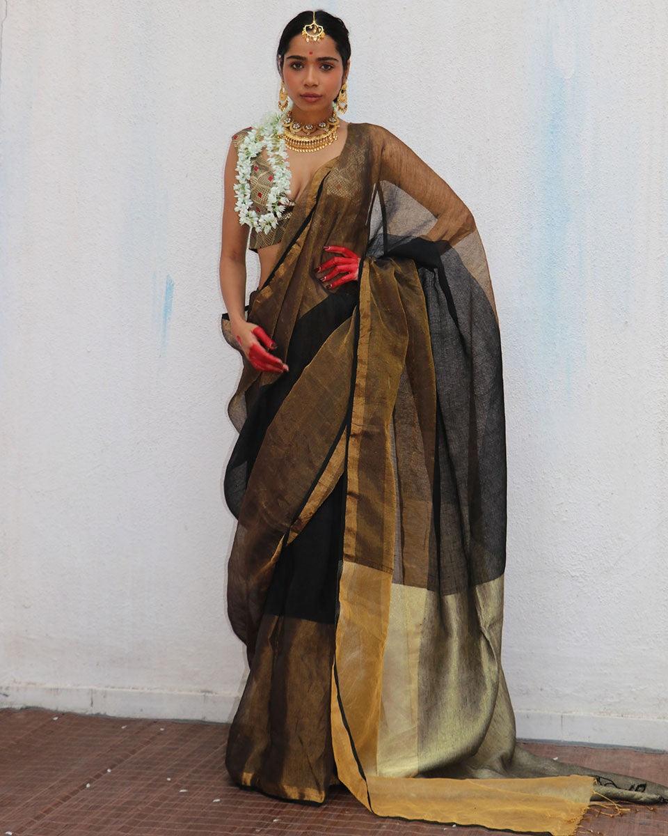 Urvashi Handwoven Linen Zari Saree - Image 6