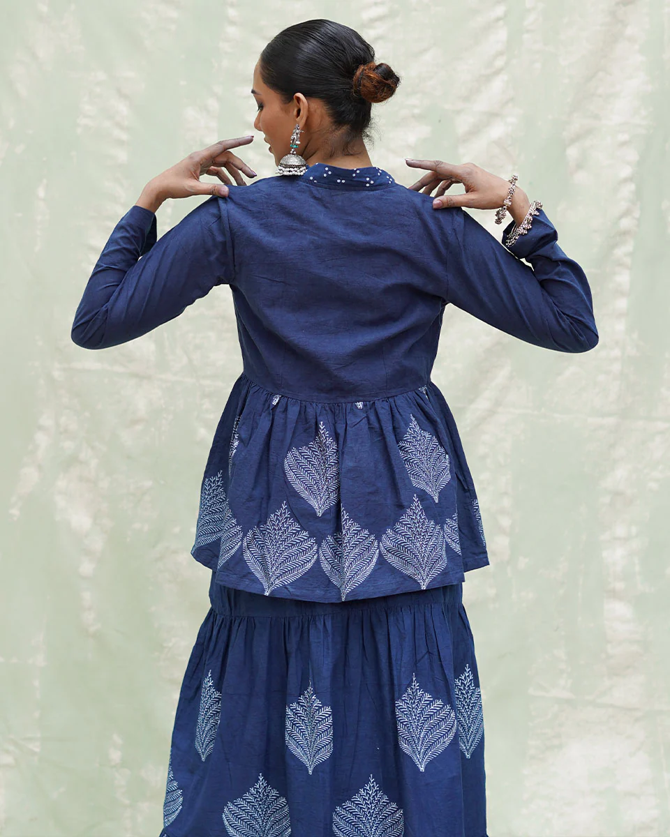 Vihang Blue Handblock Print Cotton Jacket - INDI - Image 3