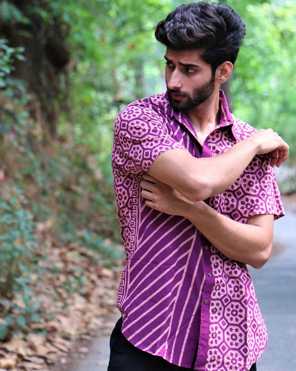 Violet Block Printed Cotton Half-Sleeved Shirt - Image 5